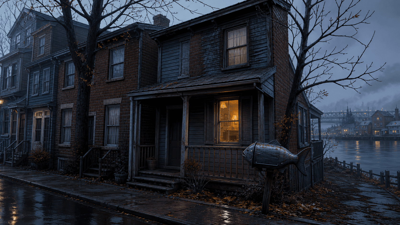 A narrow house on Hollow Lane with a fish-shaped mailbox