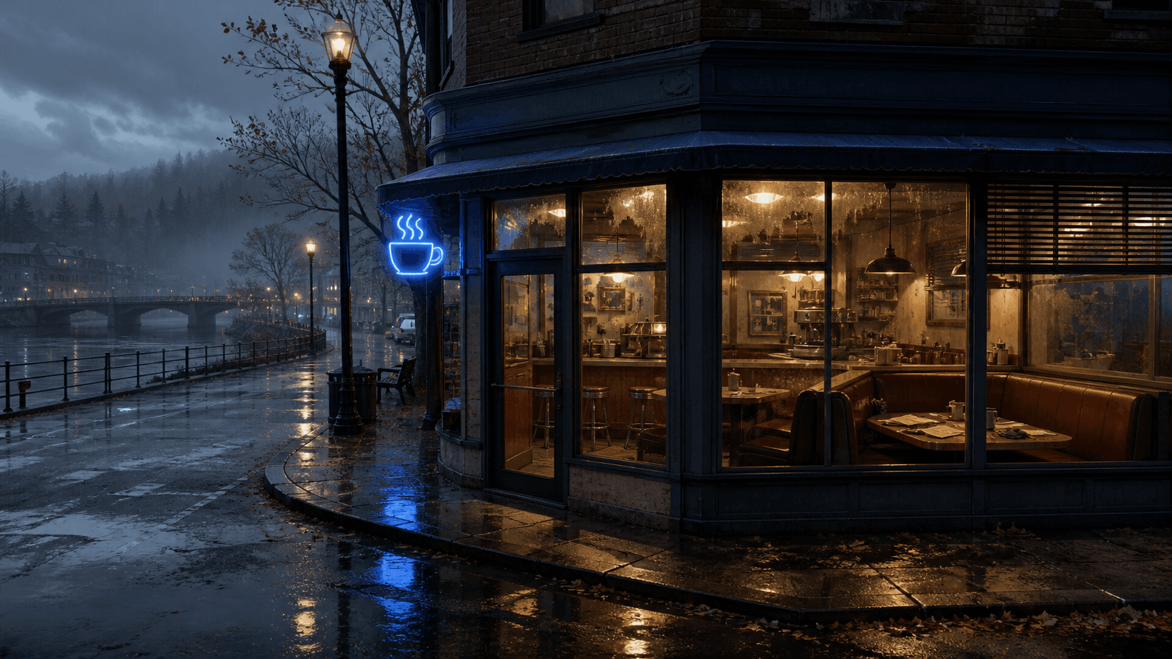 The Blue Kettle diner glowing on a wet, foggy street