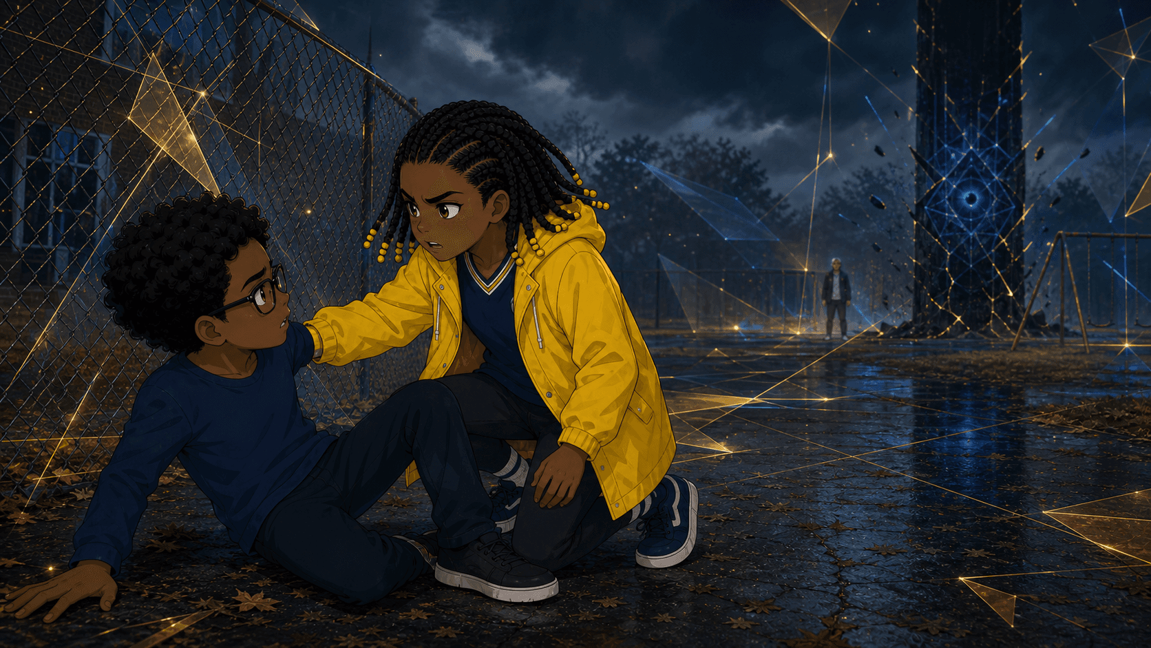 Mira in her yellow coat grounding Ren as the Primeye geometry begins to break apart