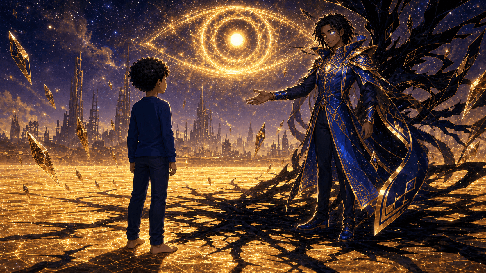 An older Ren offering his hand as black geometric branches of shadow spread across a golden dream plain