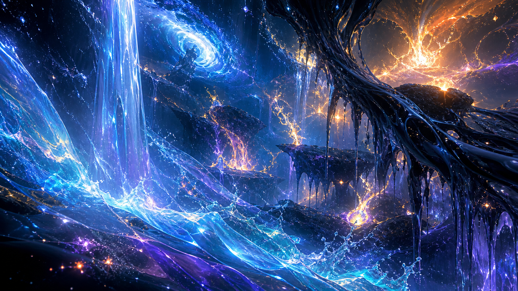 Living liquid-light and black-fluid currents flowing through the Primeye of Materium